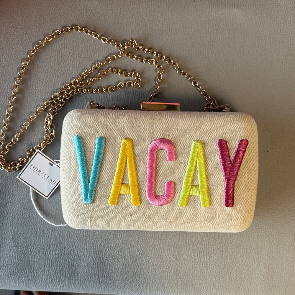 Shiraleah Cream Clutch with Colorful 'VACAY' Embroidery